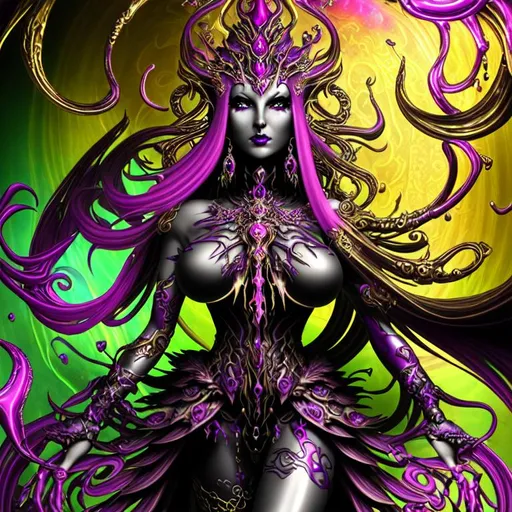 Prompt: Happy, Splendid, Superb, Dreamy, freeform dark chaos epic bold, 3D, HD, [{one}({liquid metal {Goddess}Sorceress} with {purple gold pink green red silver blood}ink)]::2, expansive psychedelic background --s99500