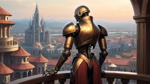 Prompt: a slender warforged automaton stands with back to camera on a large round balcony with a solid railing looking out over a fantasy city paradise during the age of arcanum 