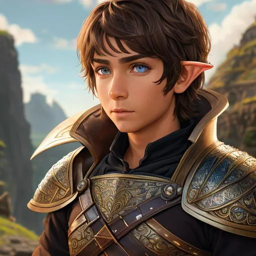 Prompt: oil painting, fantasy, hobbit boy, tanned-skinned-male, beautiful, short bright brown hair, straight hair, stoic, pointed ears, looking at the viewer, warrior wearing intricate armor and shield, #3238, UHD, hd , 8k eyes, detailed face, big anime dreamy eyes, 8k eyes, intricate details, insanely detailed, masterpiece, cinematic lighting, 8k, complementary colors, golden ratio, octane render, volumetric lighting, unreal 5, artwork, concept art, cover, top model, light on hair colorful glamourous hyperdetailed medieval city background, intricate hyperdetailed breathtaking colorful glamorous scenic view landscape, ultra-fine details, hyper-focused, deep colors, dramatic lighting, ambient lighting god rays, flowers, garden | by sakimi chan, artgerm, wlop, pixiv, tumblr, instagram, deviantart