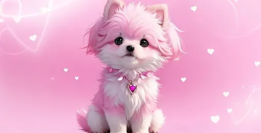 Prompt: Cute, pink, fluffy, fantasy love puppy, with light, pink eyes, very, pink fur, and possessing the element of love and making circles of hearts move around in the air in a magical way, background with pink hearts. Perfect features, extremely detailed, realistic. Krenz Cushart + loish +gaston bussiere +craig mullins, j. c. leyendecker +Artgerm.