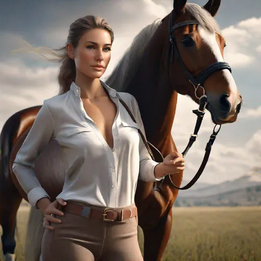 Prompt: A, beautiful tall woman with a horse, realistic image, photorealistic render, ultra realistic render, full body image