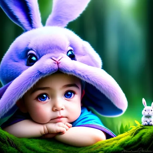 Prompt: Macro script quality, ultra realistic,HD, HQ, 4K, 8K, high details, a cute little boy with a bunny, enchanted forest background, blues, purples, teals miracle, fantasy