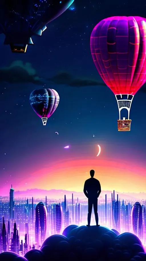 Prompt: Man staring at beautiful night sky, with air balloon and futuristic city, fantasy, 4K, colorful, bloom