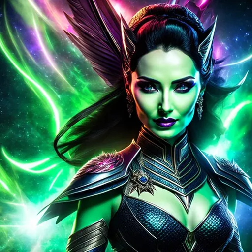 Prompt: High-resolution hyperrealistic image of shiar-empress-lilandra-neramani merged with skrull-empress-r'klll, green skin, pointed ears, feathers, marvel-comics, photorealistic, uhd, hdr, 64k