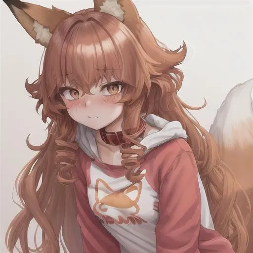 Prompt: cute short white girl with auburn curly long hair with fox ears she is wearing a kids onesie and has a collar blushing