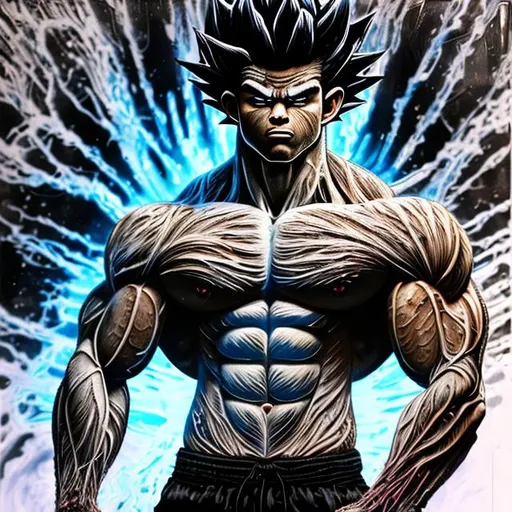 Prompt: 64K masterpiece intricate hyperdetailed breathtaking 3D glowing black oil painting medium portrait of son goku, black trousers, intricate hyperdetailed muscular body, intricate hyperdetailed muscles, glowing white light reflection on the muscles, hyperdetailed intricate hard standing glowing hair, hyperdetailed glowing angry white eyes, detailed face, white glowing muscles, white glowing body, tan glowing skin, semi-polaroid monochrome photography, hyperdetailed complex, character concept, hyperdetailed intricate glowing shining glamorous colored water drop floating in the air, very angry, intricate glowing light reflection, intricate hyperdetailed glowing iridescent reflection, strong glowing white light on the hair, contrast white head light, hyperdetailed very strong colored shadowing very strong colored muscle shadow, professional award-winning photography, maximalist photo illustration 64k, resolution High Res intricately detailed, impressionist painting, yellow color splash, illustration, key visual, panoramic, cinematic, masterfully crafted, 8k resolution, stunning, ultra detailed, expressive, hypermaximalist, UHD, HDR, UHD render, 3D render, 64K, hyperdetailed intricate watercolor mix oil painting on the body, Toriyama Akira colored cyberpunk 2077 city skline backround