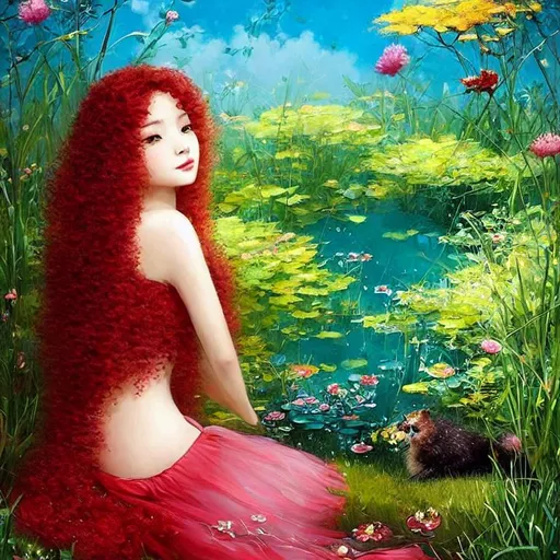 Prompt:  A very cute girl, curly gradient red hair,  sitting in a garden next to a pond with her feet inside it's crystal clear waters. Her cute fluffly cat is right by her side resting its head on her shoulder. Spring time.  Art the style by Duy Huyn, Esao Andrews, Catrin Welz-Stein, Susan Rios and laura Diehl. Highly detailed, Best quality, intricate details, iridescent water Reflex. 