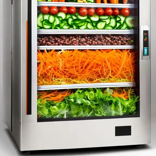 Prompt: Salad vending machine that can choose the ingredients which is carrot, cucumber, green oak, red oak, corn, tomato, cabbage, red bean and then make into salad bowls. The background is white 