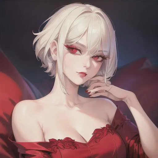 Prompt: (masterpiece, illustration, best quality:1.2), short trimmed white hair, devilish eyes, wearing red silky nightgown, best quality face, best quality, best quality skin, best quality eyes, best quality lips, ultra-detailed eyes, ultra-detailed hair, ultra-detailed, illustration, colorful, soft glow, 1 girl