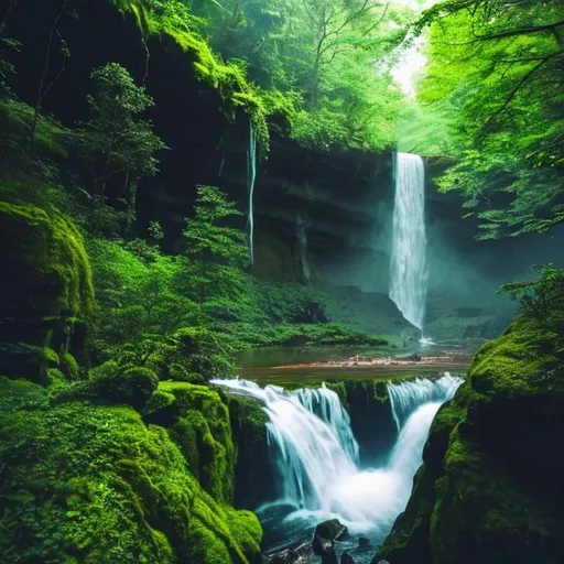 Prompt: Waterfalls in a forest