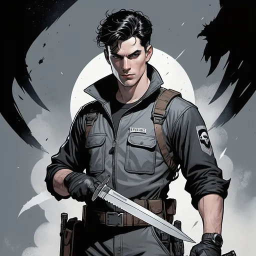 Prompt: An mature lithe male youth with icy white eyes, pale skin, raven-black hair, dressed in gray space overall, holding a combat knife, comic illustration, deathly pallor
