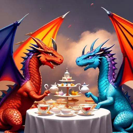 Prompt: colorful dragons having a tea party, and a cute face, perfect composition, hyperrealistic, super detailed, 8k, high quality, trending art, trending on artstation, sharp focus, studio photo, intricate details, highly detailed, by greg rutkowski, illustration, watercolor