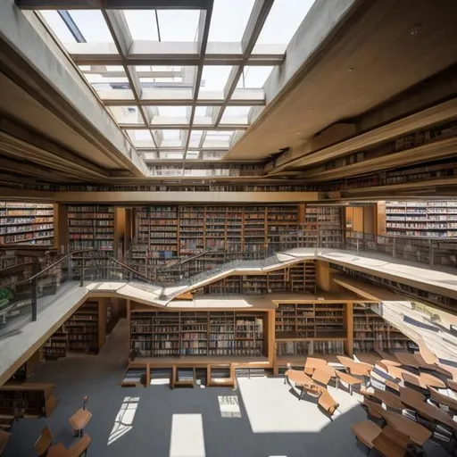 Prompt: a large multi story library filled with books and with brutalist architecture and lots of skylights and foot paths 