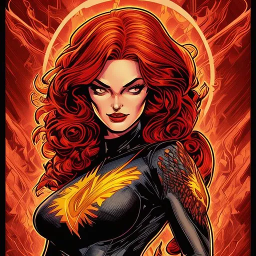 Prompt: Retro comic style artwork, highly detailed, Dark Pheonix Jean Grey, comic book cover, symmetrical, vibrant