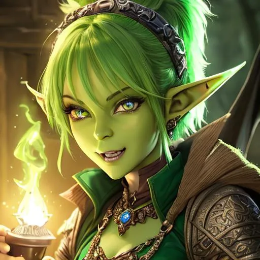 Prompt: oil painting, D&D fantasy, green-skinned-goblin girl, green-skinned-female, small, short brown hair, crazy look, pointed ears, fangs, looking at the viewer, thief wearing intricate adventurer outfit, #3238, UHD, hd , 8k eyes, detailed face, big anime dreamy eyes, 8k eyes, intricate details, insanely detailed, masterpiece, cinematic lighting, 8k, complementary colors, golden ratio, octane render, volumetric lighting, unreal 5, artwork, concept art, cover, top model, light on hair colorful glamourous hyperdetailed medieval city background, intricate hyperdetailed breathtaking colorful glamorous scenic view landscape, ultra-fine details, hyper-focused, deep colors, dramatic lighting, ambient lighting god rays, flowers, garden | by sakimi chan, artgerm, wlop, pixiv, tumblr, instagram, deviantart