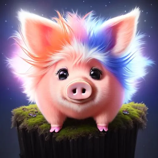 Prompt: half side, wide view, 7 "colorful pigglet with a halo", (wearing a helmet) glowing, realistic, spiked hair, fluffy, silky, furry, backlit, warm tones, night-sky, moss, indigo, cream, coral, bone-white, photorealistic eyes, : ornate, dynamic, particulate, intricate, elegant, highly detailed, centered, artstation, airbrush, acrylic on paper, volumetric lighting, occlusion, smooth, sharp focus, 128K UHD octane render, w more d etail.