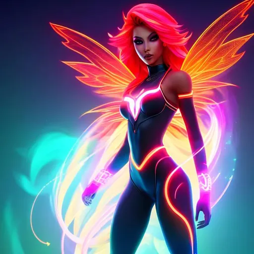 Prompt: flame goddess, full body, front,  glowing tattoos, plasma orange hair, female, illustration, portrait, (athletic body), (pink skin), (long legs), (photo realistic), perfect body, perfect face, fairy, neon colors