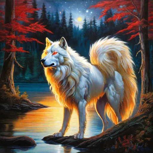 Prompt: Insanely beautiful (canine quadruped), glowing, thick pearl-white fur, billowing wild golden mane, translucent, luminescent, illusion, anime, glistening fiery mane, flaming red eyes, majestic wolf, in a magical forest near a lake, sunrise, beneath the stars, bioluminescent, professional oil painting, landscape masterpiece, enchanted woods, fantasy, magical waterfall, crystal lake, lakeside view, blue moon, navy night sky, surreal scenery, peaceful, beautiful, glowing fireflies, UHD, 64k, unreal engine, high octane render, high quality, best quality, professional, absurd resolution, vivid colors, neon colors, highly detailed, intricate detail, sharp focus, highres, best quality, concept art, epic digital art, intricately detailed, cinematic, vibrant, UHD, professional