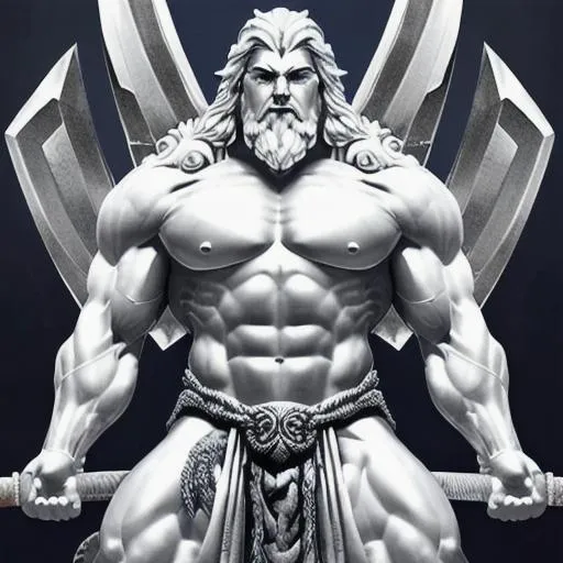 Prompt: Silver City white all around a god with a giant powerful axe made of silver stylish and lethal face covered powerful muscular god in the silvery night