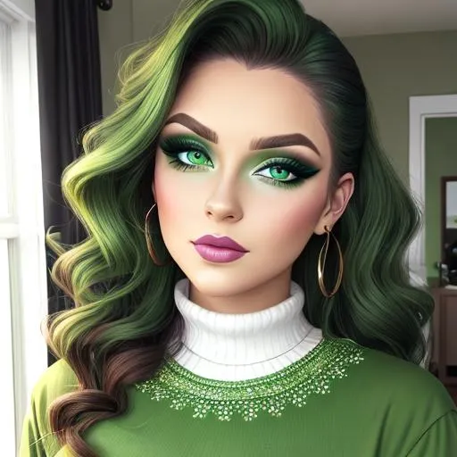 Prompt: A woman all in green, green eyes, pretty makeup