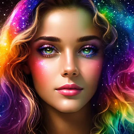 Prompt: girl. etherial light,cosmic being,closeup,cosmic background,facial light,rainbow colors