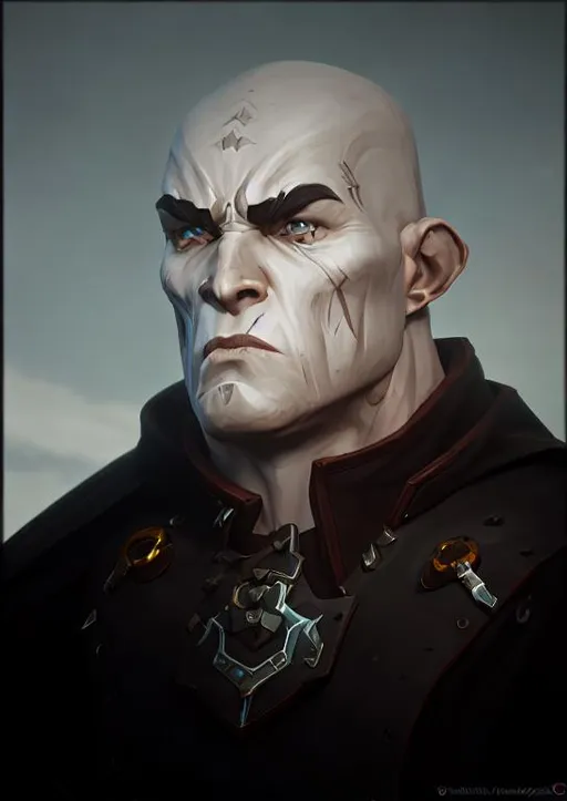 Prompt: a fantasy style portrait painting of a ork male, with human features, field oil painting unreal 5, rpg portrait, extremely detailed art, grey skin, studded leather armour, smooth skin, bald, strong, muscular, small tusk teeth.