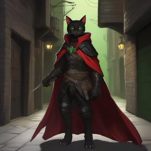 Prompt: DND a black male tabaxi with green eyes wearing black leather armor with a red cloak standing in a dark alley way