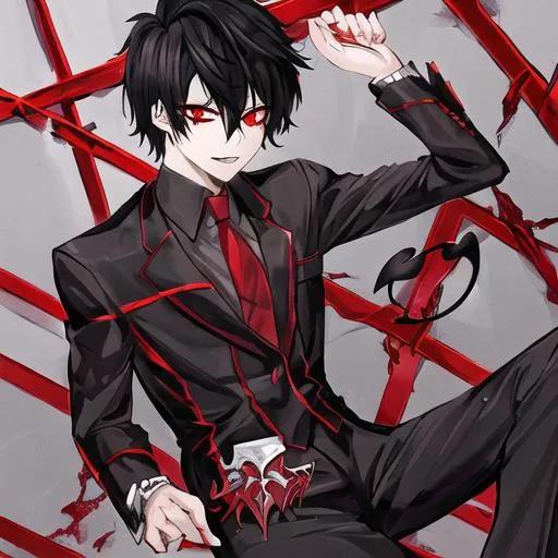Prompt: Damien as a demon (male, short black hair, red eyes) in a prison outfit