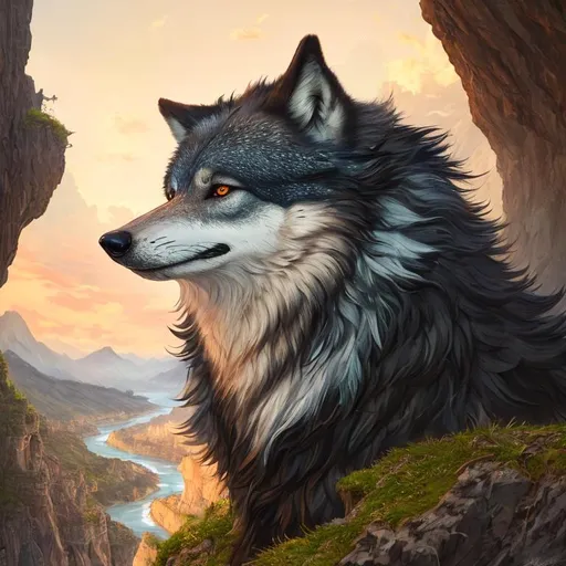Prompt: (masterpiece, charcoal, artstation, best quality:1.5), insanely beautiful wolf with (billowing black coat), Casanova, white chin, bushy mane, on a cliffside, overlooking abandoned village, overlooking river, silver fur highlights, finely detailed, bold, energetic, youthful, detailed face, beautiful detailed eyes, vivid burnt sienna eyes, beautiful defined detailed legs, beautiful detailed shading, highly Detailed body, highly detailed pastel pink clouds, full body focus, beautifully detailed sky, cinematic, 64K, UHD, unreal engine, high octane render