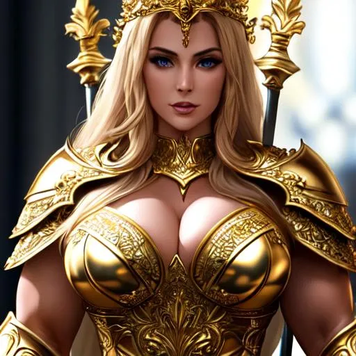Prompt: Woman, stunning, gorgeous, thick, muscular, strong, fit, queen, paladin, wearing a golden armor, holding a holy sword in hand fantasy, UHD, 8k, high quality, ultra quality, perfect composition, trending art, trending on artstation, sharp focus, studio photo, intricate details, cinematic lighting, special effects, hyper realism, hyper realistic, Very detailed, high detailed face, high detailed eyes, oil painting, full body, portrait