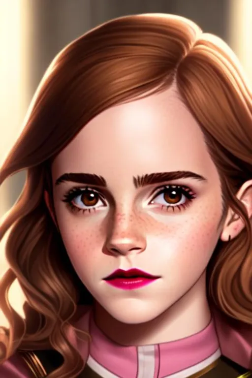 Prompt: Emma watson as hermione granger in see-though tights with dreamy eyes and pink lipstick 