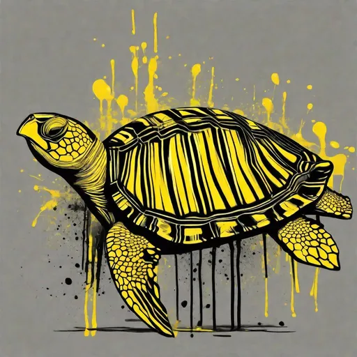 Prompt: Turtle, angelfish-fins, yellow with black stripes, yellow shell with black stripes, masterpiece, best quality, in dripping art style