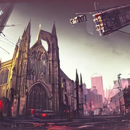 Prompt: wide shot, photorealistic art of a cyberpunk punk and steampunk York minster, city concept, dynamic lighting, hyper realistic, red flags, cinematic, realism