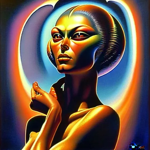 Prompt:  1970's artwork by Vladimir Tretchikoff of attractive alien woman, casting blue light on her skin 
