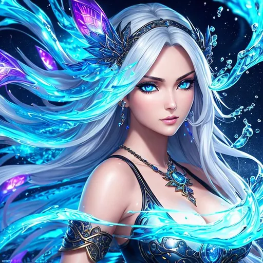 Prompt:  detailed background,  3d,  30 year old,  perfect woman,  Same color eyes glowing vividly, detailed eyes, clear eyes, Splash art, front, epic Instagram, very detailed, artstation, hyperdetailed intricately detailed ,intricate detail, splash screen, complementary colors, fantasy concept art, 4k, heavy strokes, realistic painting, splash arts, full height, full body, telling future in  a ball of fire,  megaman legends stylized