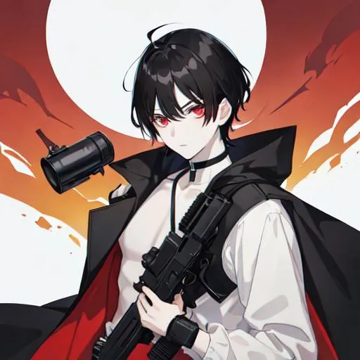 Prompt: 1male (pale) (medium black hair) (red eyes) he's holding a gun, nuclear fallout