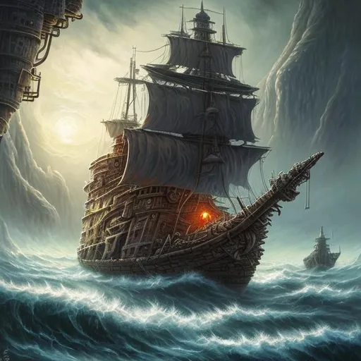 Prompt:  fantasy art style, painting, sea, smog, fog, deep ocean, Norse, Norse mythology, ancient, pirates, pirate ship, dome, glass dome, waves, mist, flood, apocalypse, dystopian, warship, biological mechanical, war machine, tubes, pipes, warship, snake, serpent, eel 