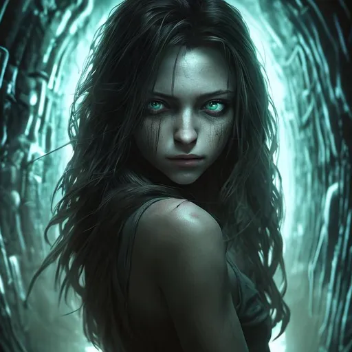 Prompt: well detailed adult man from the back pointy short hair standing with his beautiful girl with long hair inside a dark tunnel evil eye hands coming out of walls touching for him, bluish light, ultra, HD, 4k, realistic, dystopian, hyper, dynamic light, cinematic,final fantasy,a beautiful girl looking at the sky with her beautiful green eyes