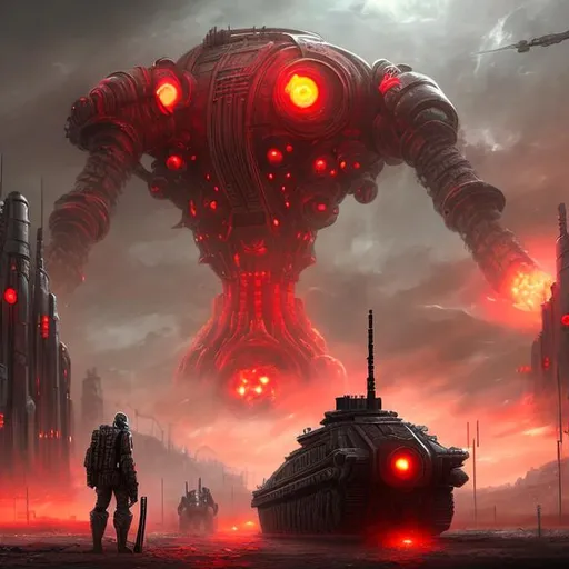 Prompt: Evil dictatorship, red lights, Biological mechanical war machine, fantasy art style, dystopian, nuclear weapons, painting, guns, soldiers 