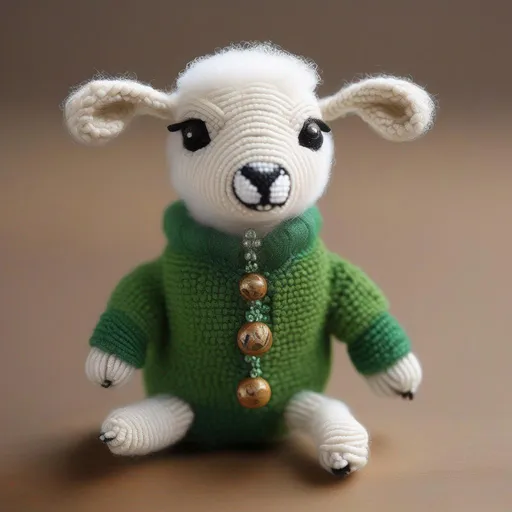 Prompt: a small stuffed baby sheep wearing a green jumper, a character portrait by René Auberjonois, trending on pinterest, rococo, contest winner, made of beads and yarn