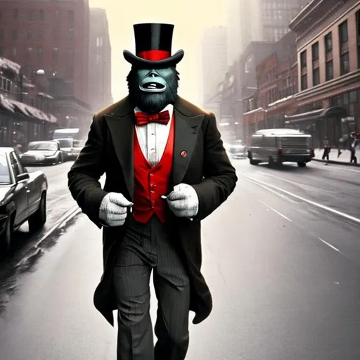 Prompt: A huge, muscle covered sasquatch wearing a top hat, & a formal red suit-tie on his neck, & carrying a briefcase, in a city.