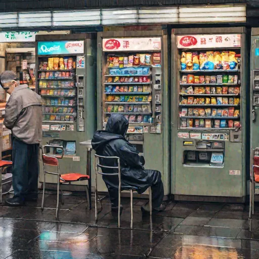 Prompt: vending machines in rainy tokyo. photo-realism. table and chairs. lottery machine. customer. grumpy clerk behind counter. 