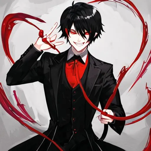 Prompt: Damien (male, short black hair, red eyes) grinning seductively, holding a whip, blowing a kiss 