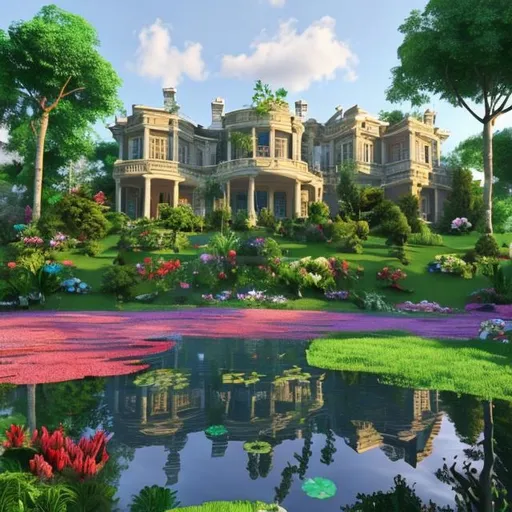 Prompt: A Mansion with trees, flowers and a pond