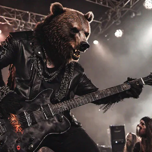 Prompt: ultrarealistic_ angry hunmanoid  grizzly bear Guitar player in goth metal band_wearing leather and chains_playing music on stage_cenimatic long shot 4k_fire on stage