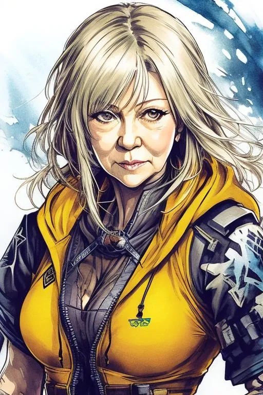 Prompt: (((Yoji Shinkawa))), sticker of ultra detailed portrait of Helen Mirren, 72 years old as a yellow hooded Witch,  high quality cell shaded illustration in post apocalyptic style by Yoji Shinkawa, ((full body)), dynamic pose, perfect anatomy, centered, freedom, soul, long hair, approach to perfection, cell shading, 4k , cinematic dramatic atmosphere, watercolor painting, global illumination, detailed and intricate environment, artstation, concept art, fluid and sharp focus, volumetric lighting, cinematic lighting, Art by Yoji Shinkawa,