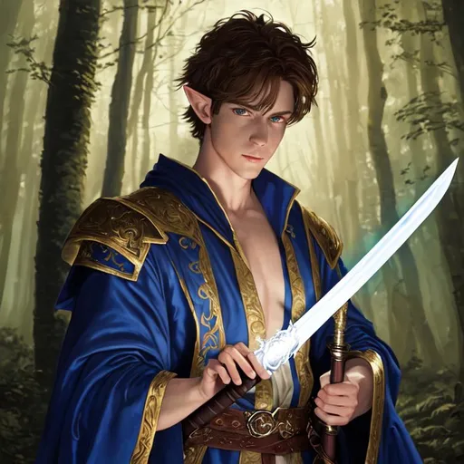 Prompt: oil painting, UHD, hd , 8k, panned out view, full character in view, very detailed, portrait, handsome elf male character, detailed face, he has brown hair and brown eyes, he has a royal blue silken robe, he holds a flaming blue sword, and he stands in a moonlit forest.