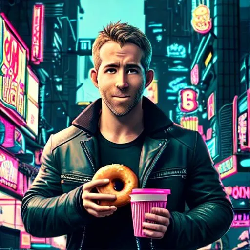 Prompt: ryan reynolds eating a donut in a cyberpunk city