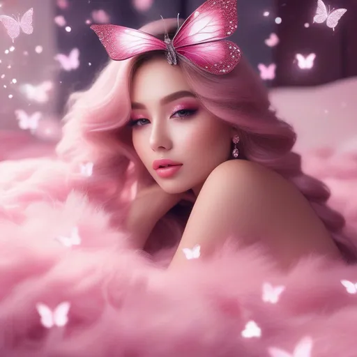 Prompt: and beautiful pretty art 4k full HD pink glitter butterfly diamond marshmallow goddess fluffy puffy lips on bed