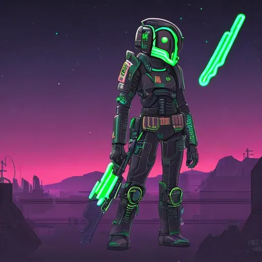 Prompt: Night sky bounty hunter with a tech gun neon